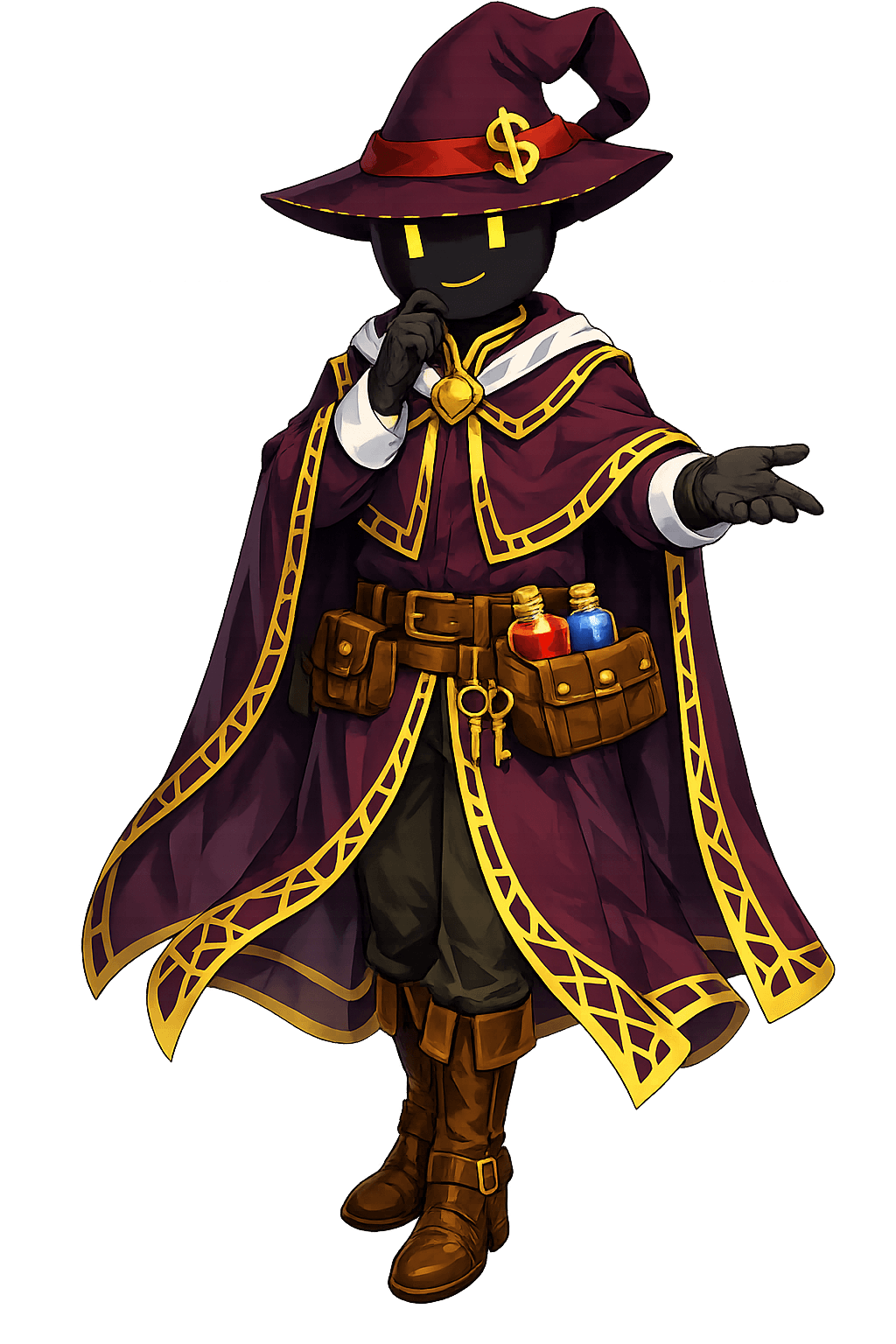 A mysterious robed shopkeep offering potions and rare gear